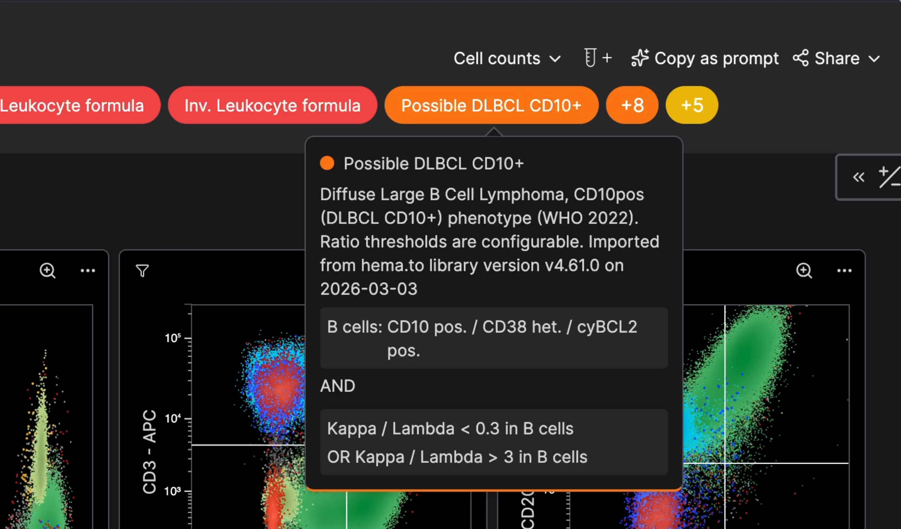 CellStudio Case Flags with details of a phenotype-based Flag Rule for possible DLBCL CD10+