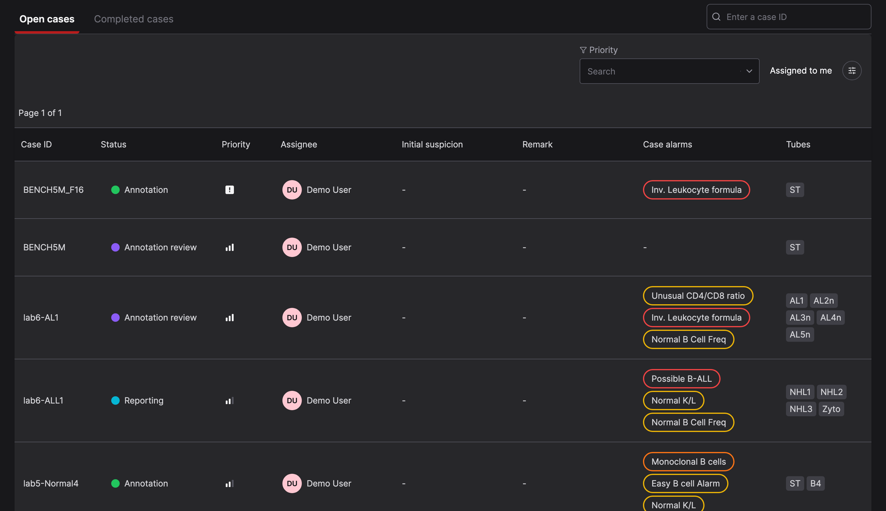 CellStudio Case List showing cases with their Workflow Status, priority, assignee, Flags, and tubes