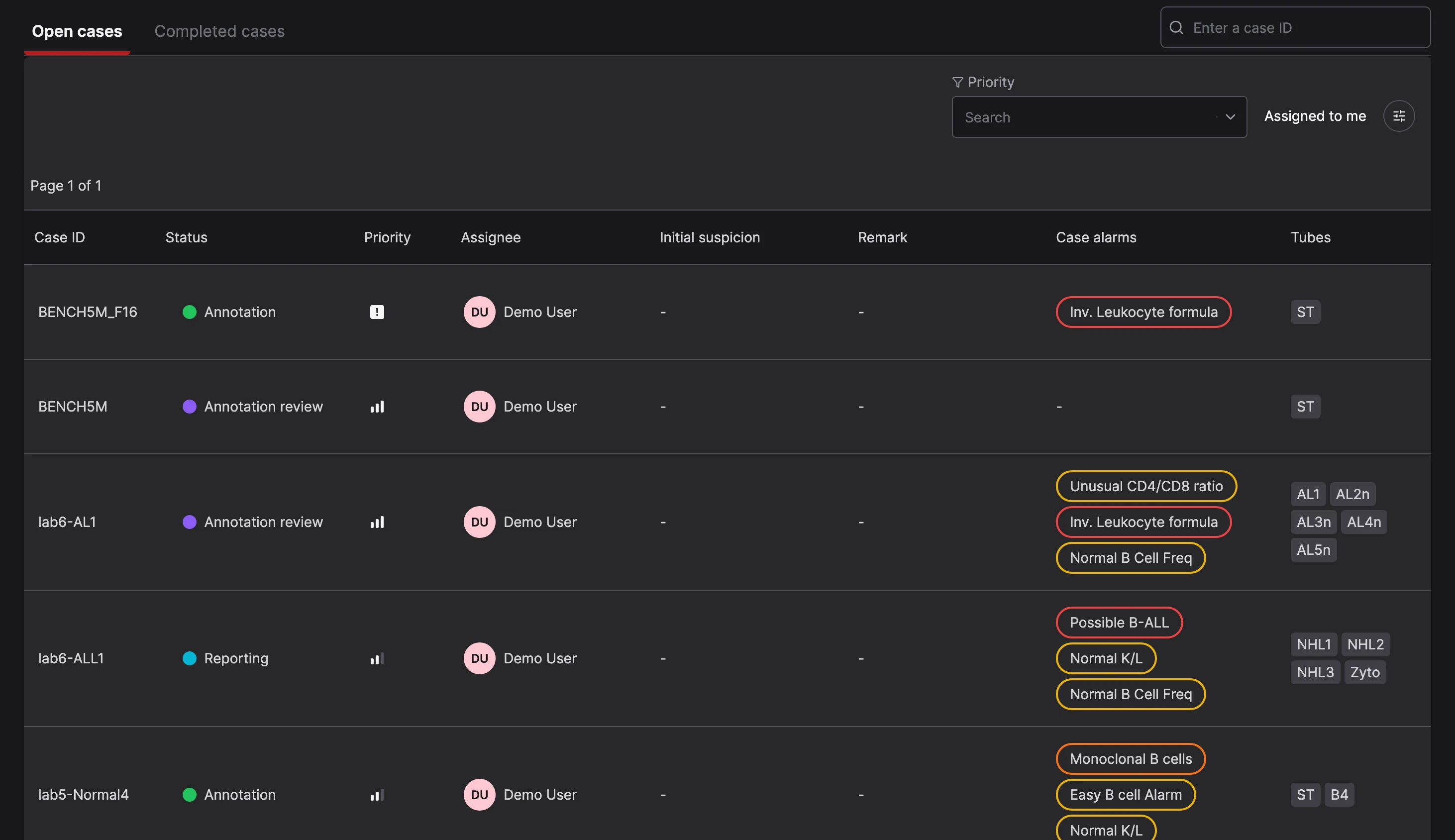 CellStudio Case List showing cases with their Workflow Status, priority, assignee, Flags, and tubes