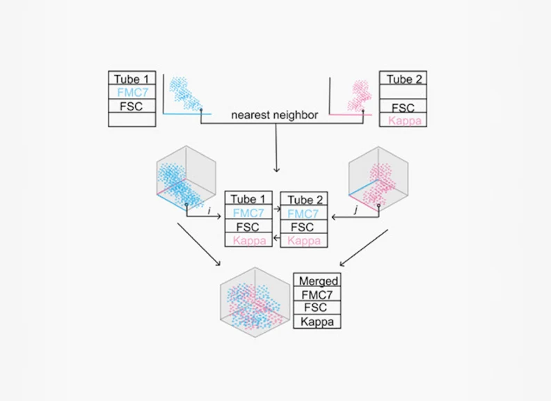 Diagram showing cytometry data from two tubes merged through nearest-neighbor matching