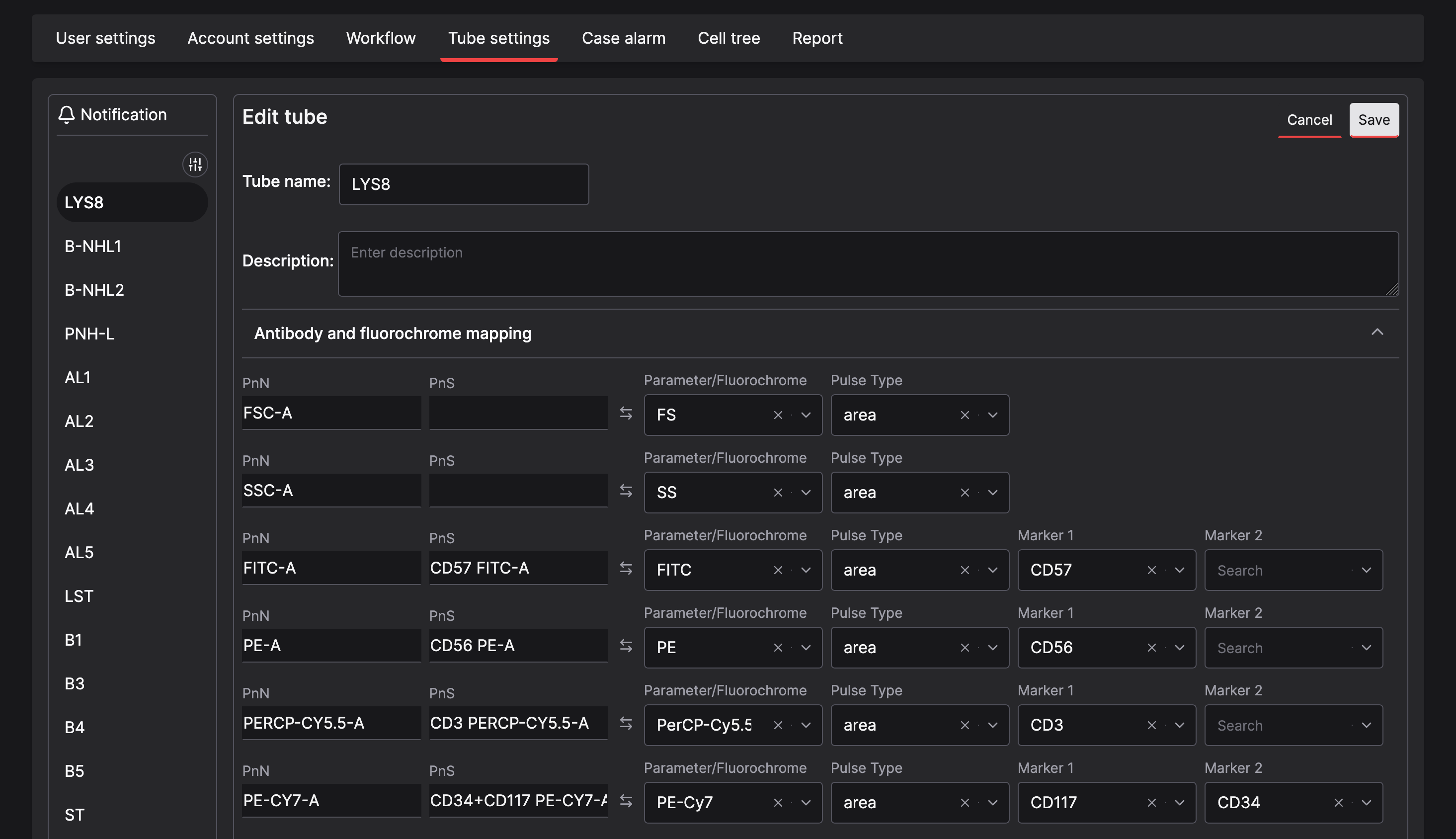 CellStudio tube settings mapping flow cytometry parameters, fluorochromes, and markers