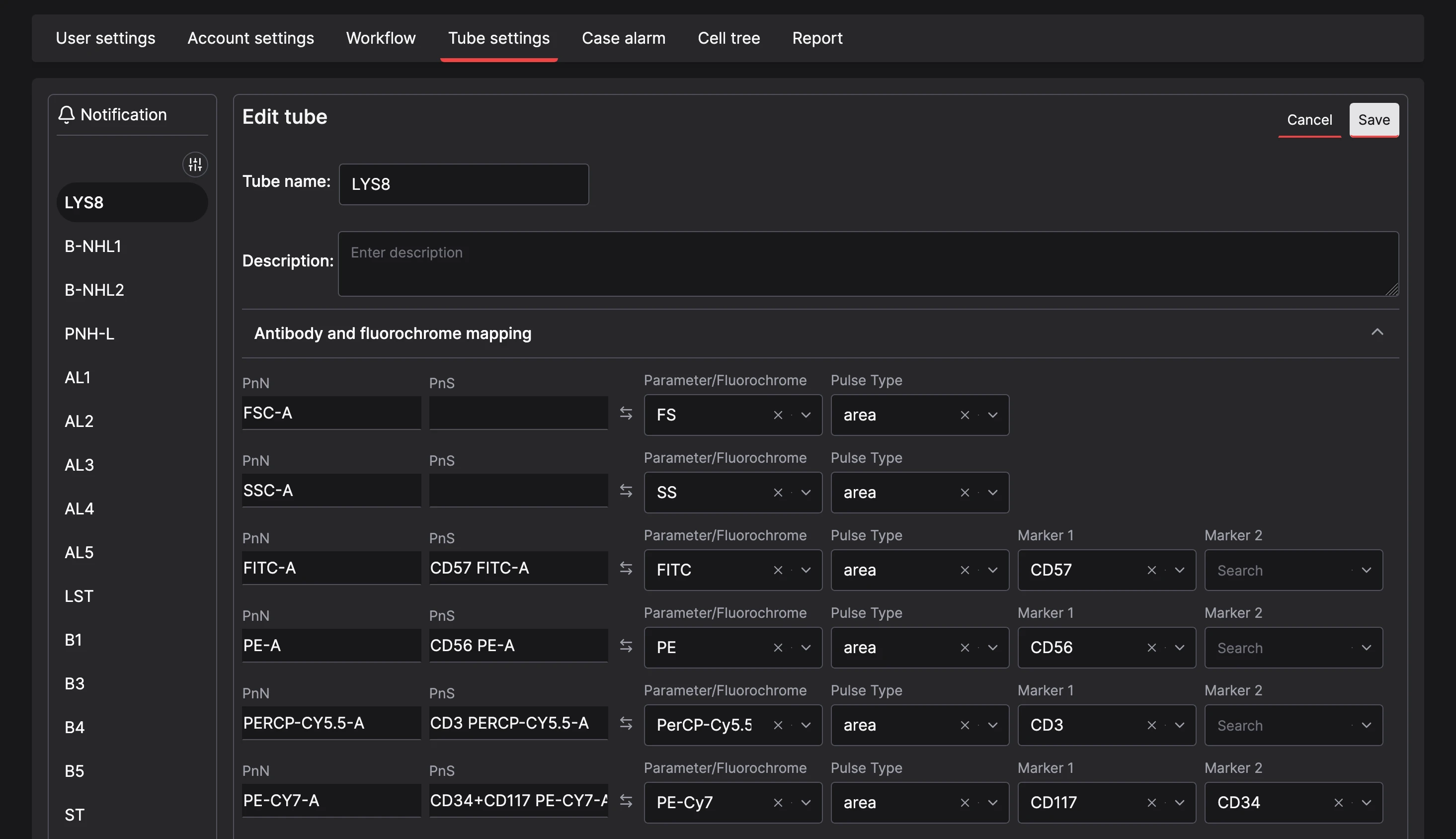 CellStudio tube settings mapping flow cytometry parameters, fluorochromes, and markers