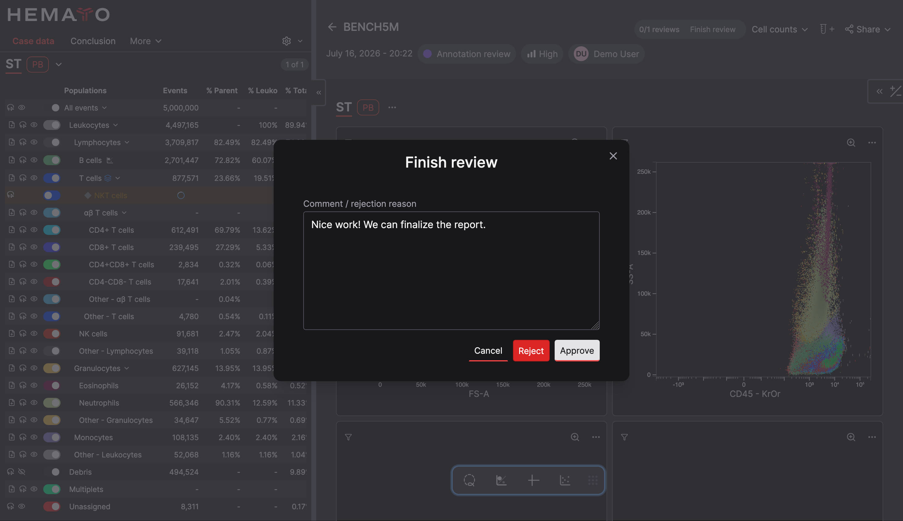 CellStudio review dialog with a comment and controls to reject or approve a case analysis