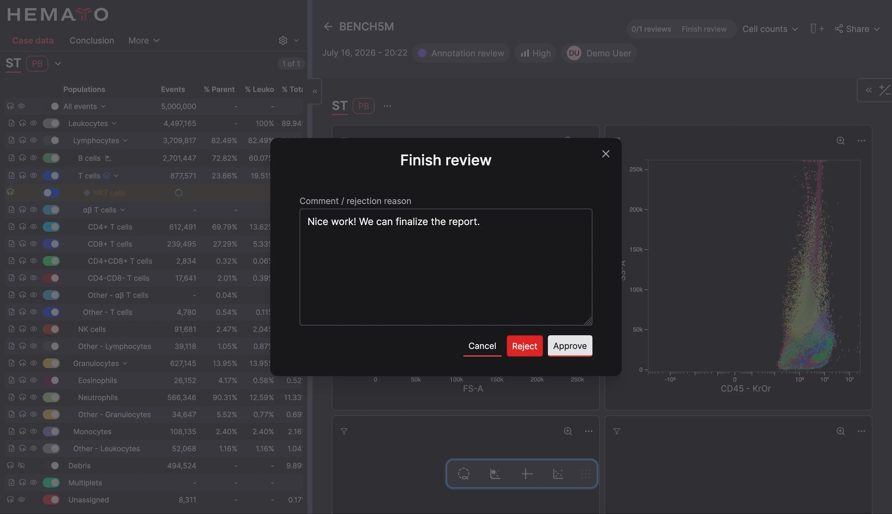 CellStudio review dialog with a comment and controls to reject or approve a case analysis